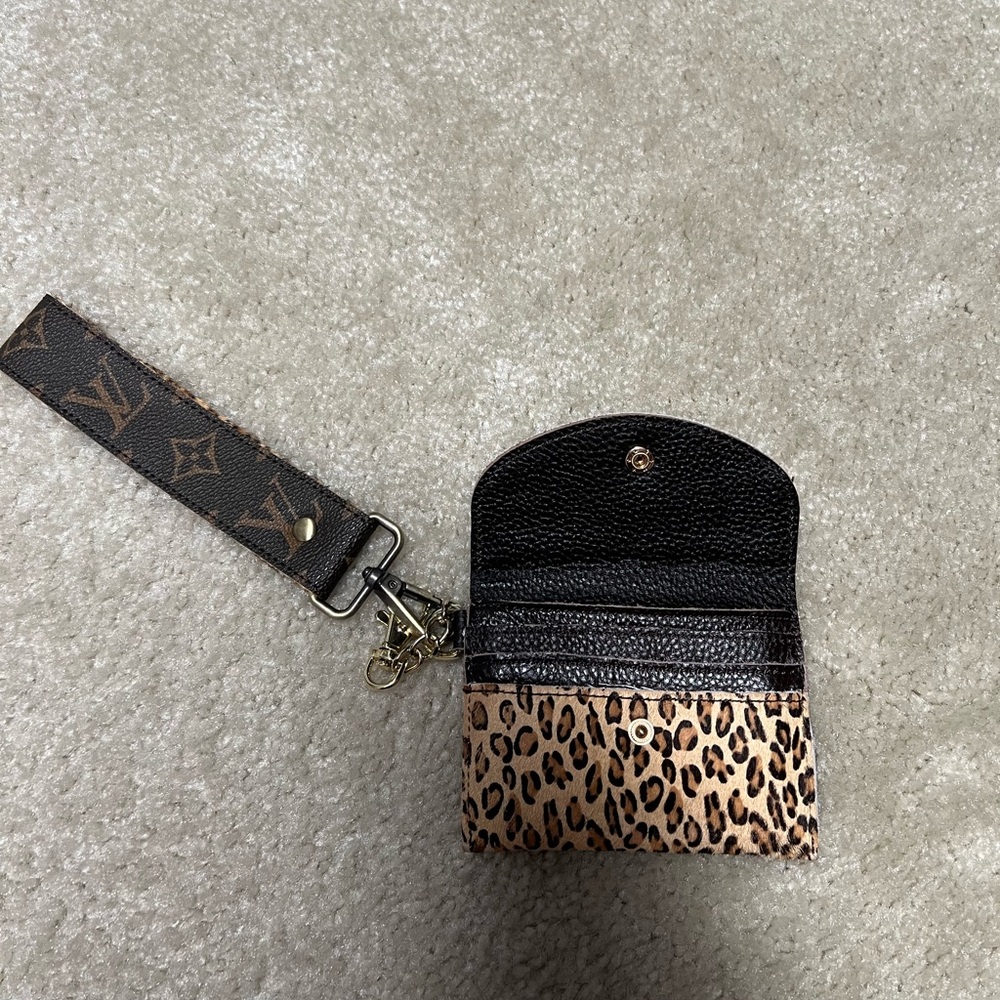 Authentic Louis Vuitton Leather Wallet with Cheetah Faux Fur, matching Wristlet
